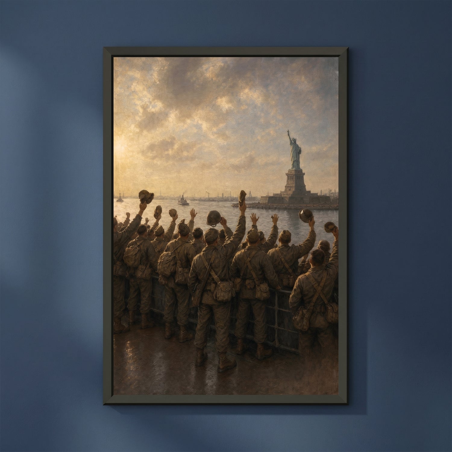 Into New York Harbour framed print on a plain wall