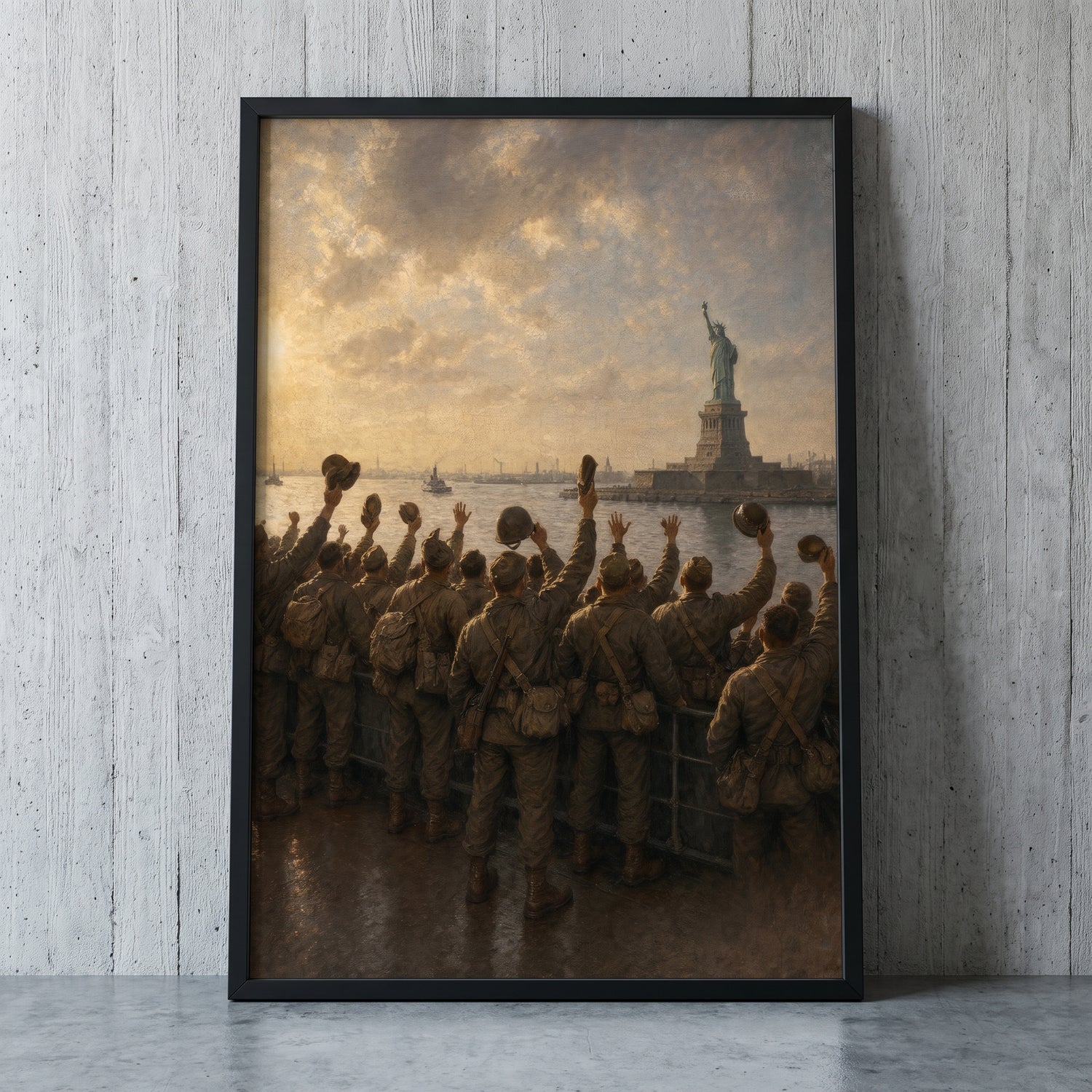 Into New York Harbour framed print leaning against a wall