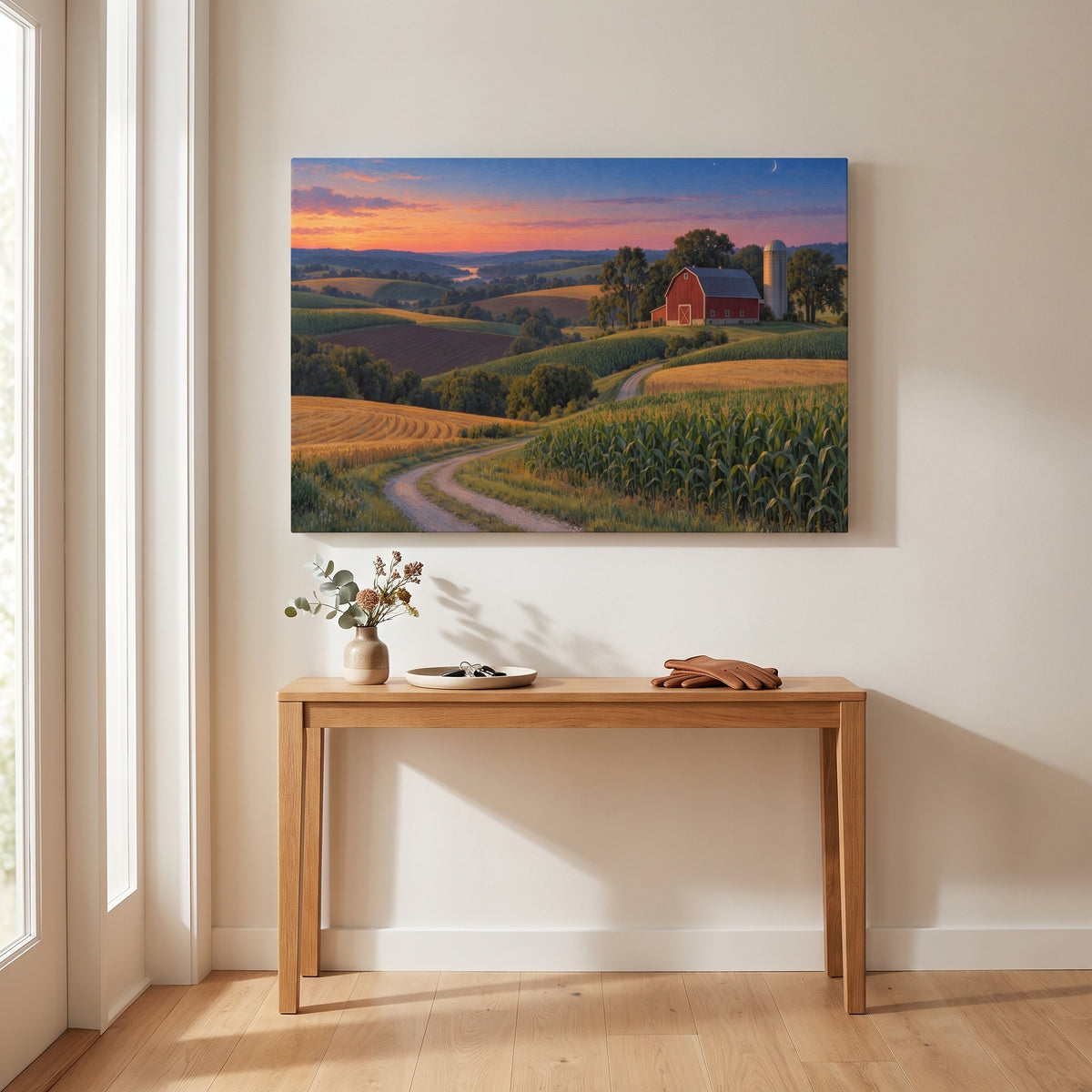 Iowa Farm at Dusk canvas print hanging in a home interior