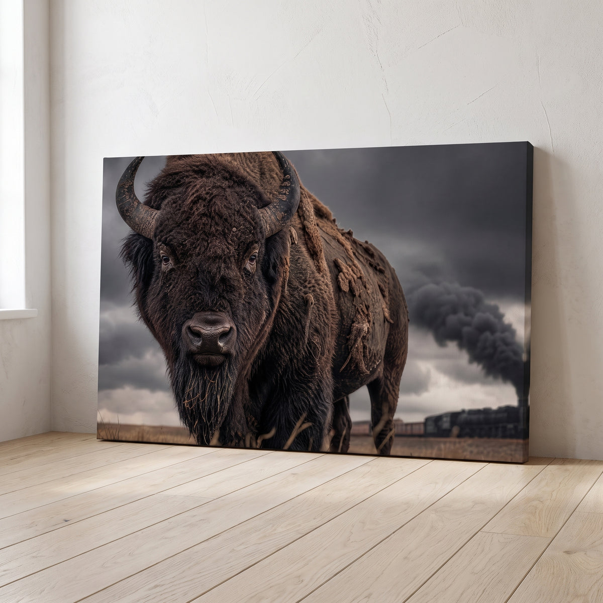 Iron & Bison canvas print leaning against a wall