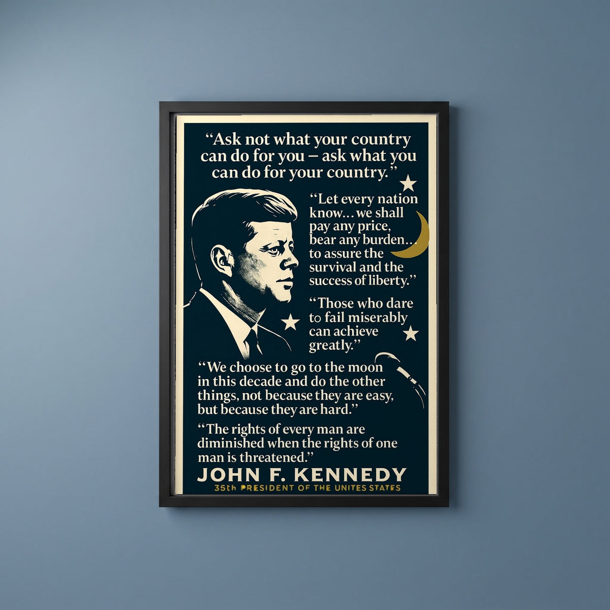 JFK - Words that Moved a Nation framed print on a plain wall