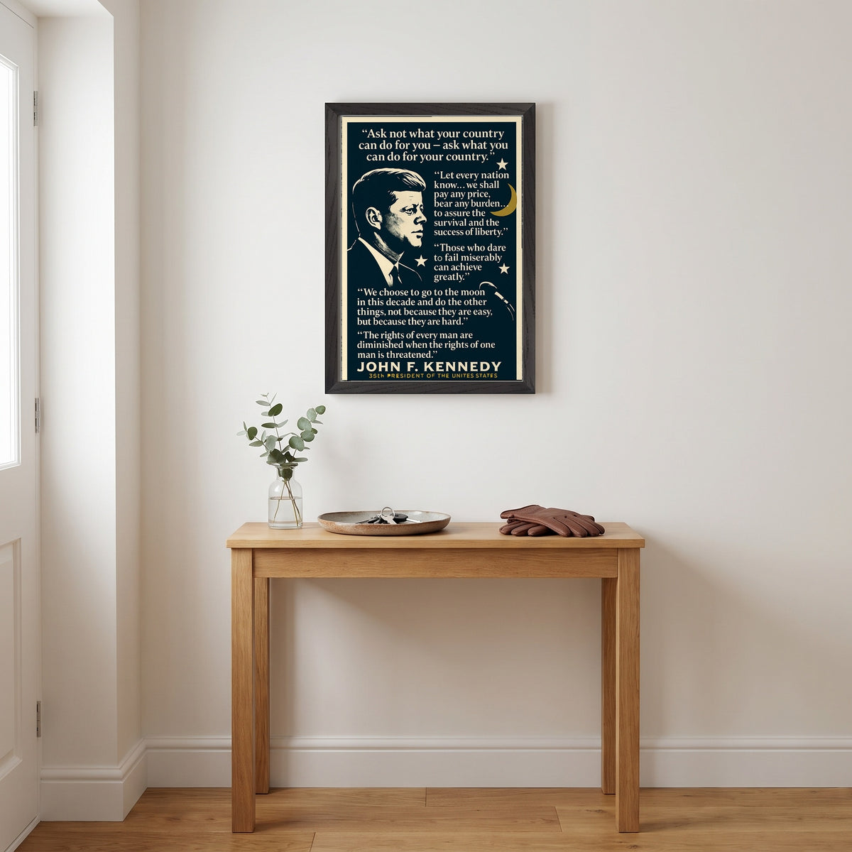 JFK - Words that Moved a Nation framed print hanging in a home interior