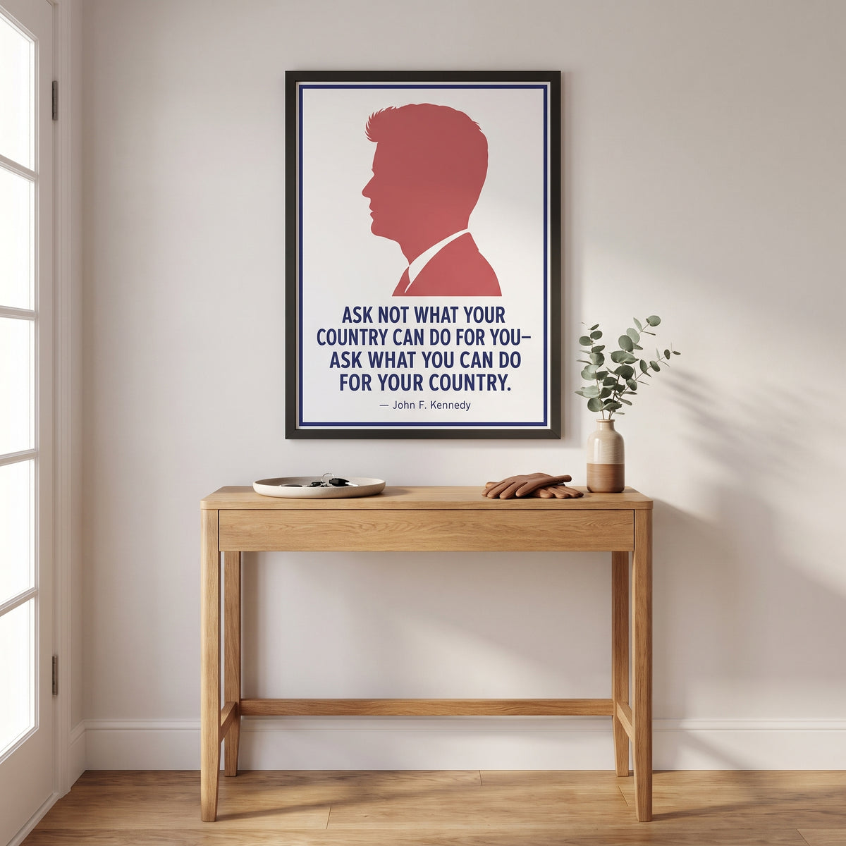 John F. Kennedy — Ask What You Can Do framed print hanging in a home interior