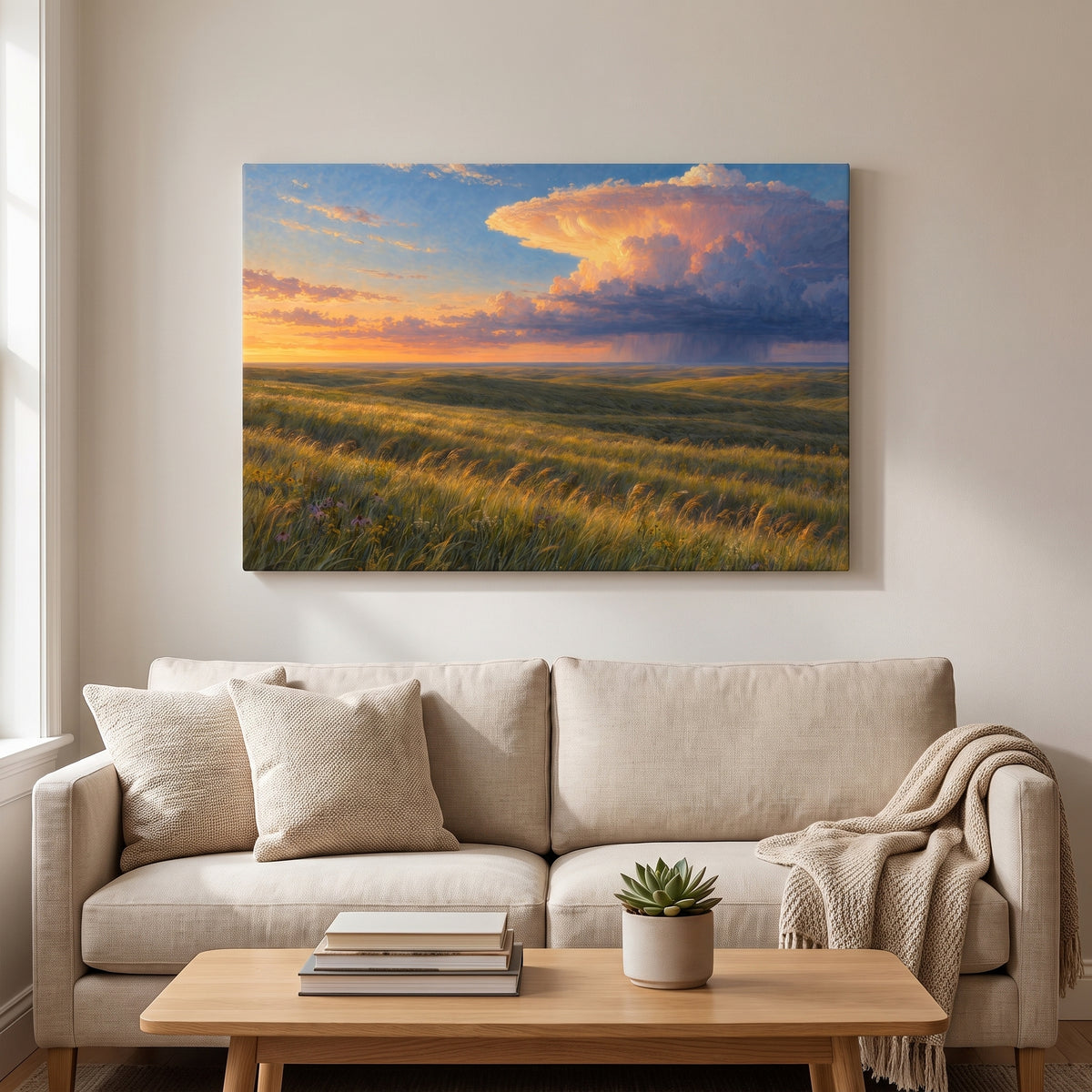 Kansas Tallgrass Evening canvas print hanging in a home interior