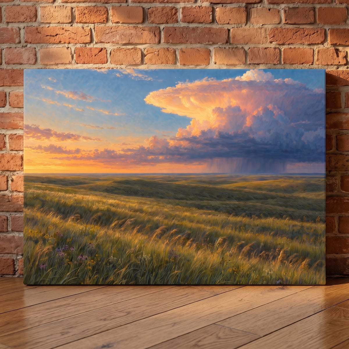 Kansas Tallgrass Evening canvas print leaning against a wall
