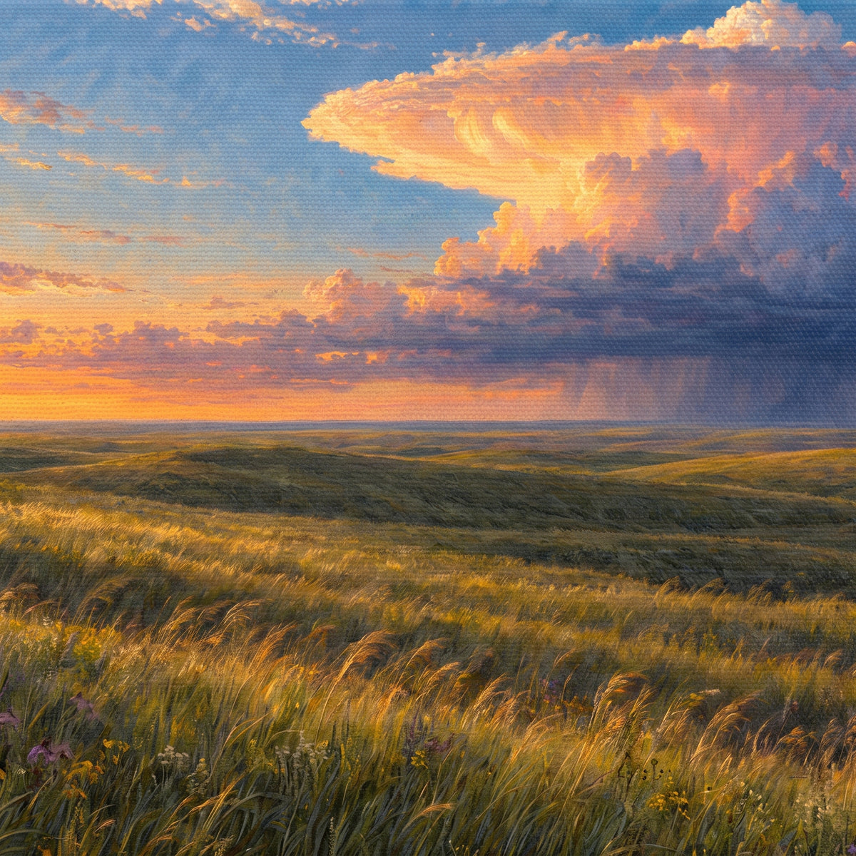 Kansas Tallgrass Evening — close-up of the canvas weave and print detail