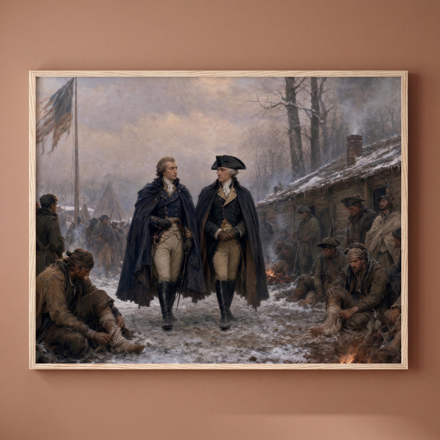 Lafayette and Washington at Valley Forge framed print on a plain wall