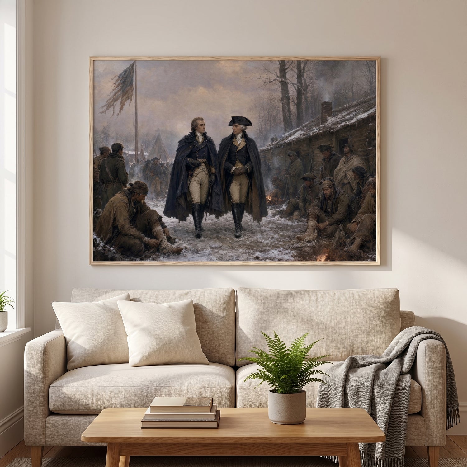 Lafayette and Washington at Valley Forge framed print hanging in a home interior