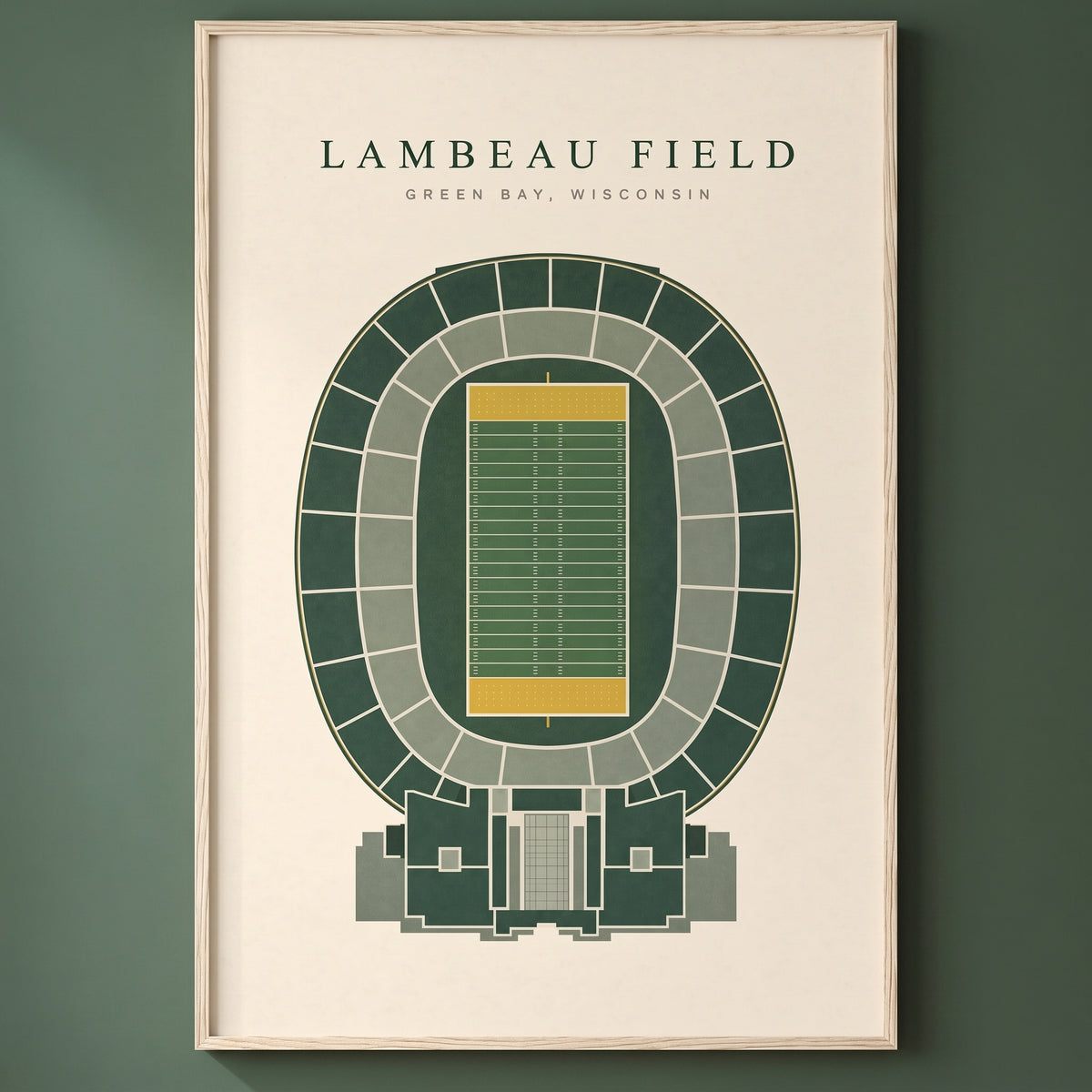 Lambeau Field framed print on a plain wall