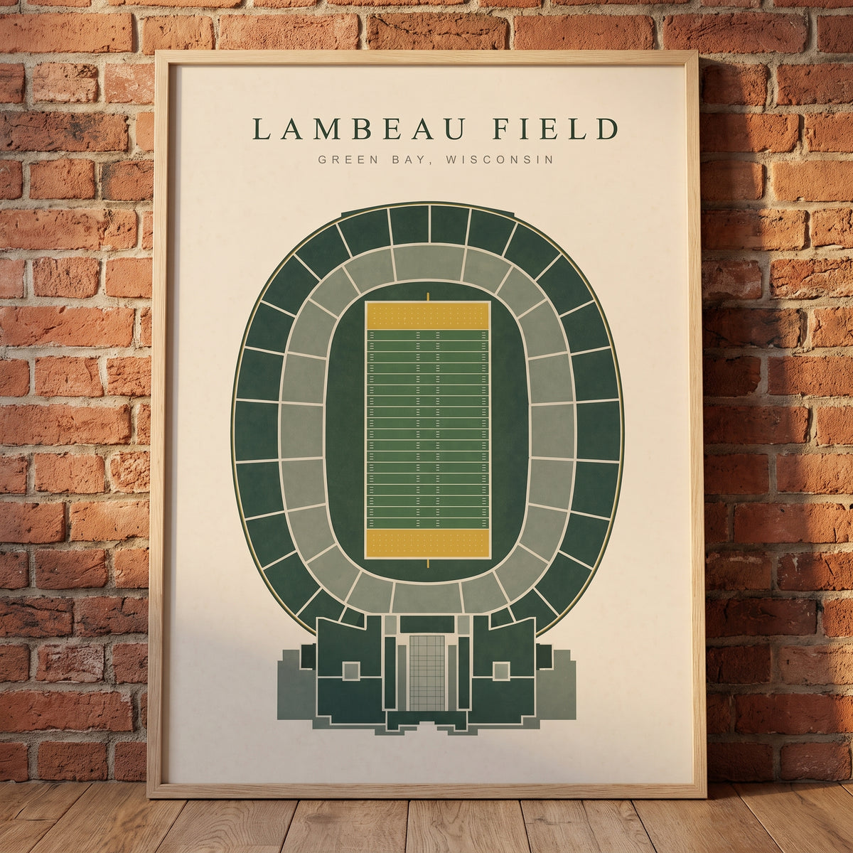 Lambeau Field framed print leaning against a wall