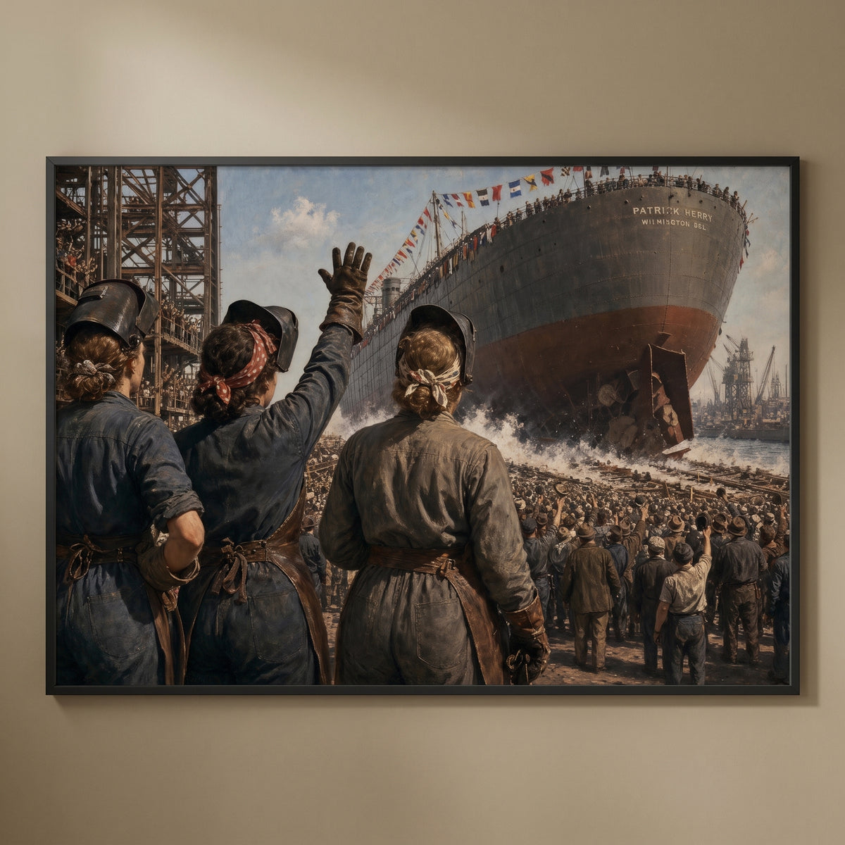 Launching a Liberty Ship framed print on a plain wall