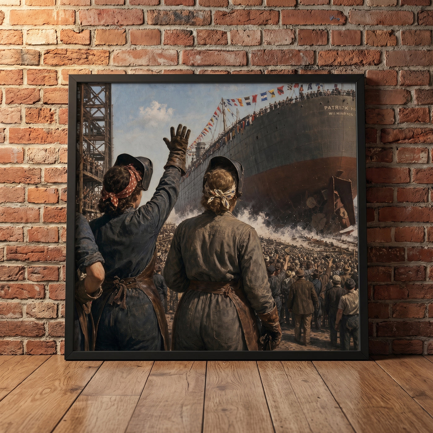 Launching a Liberty Ship framed print leaning against a wall