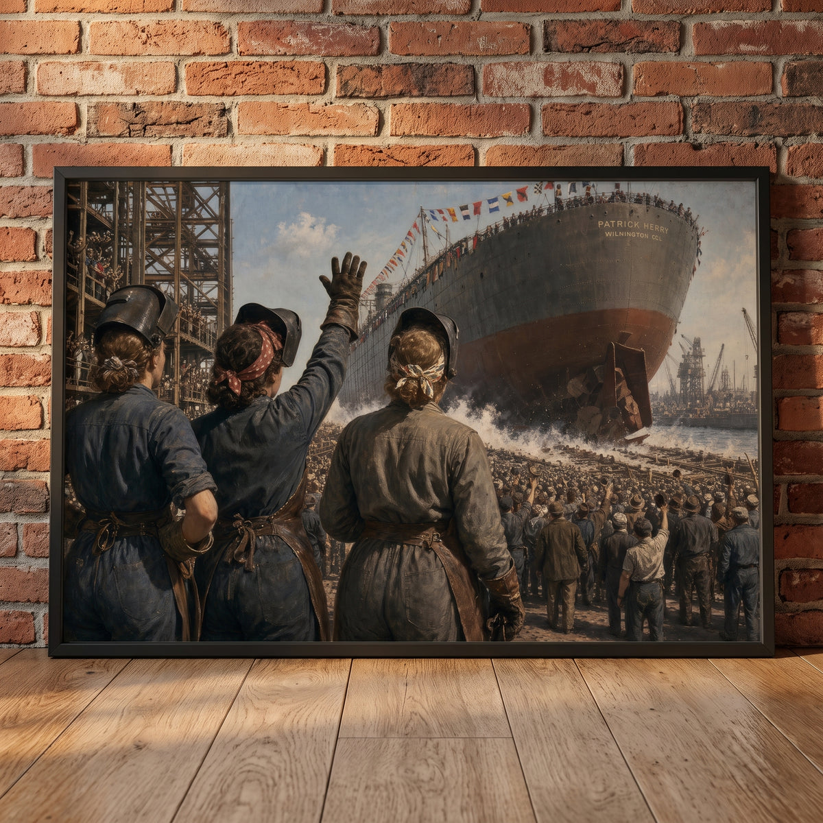 Launching a Liberty Ship framed print leaning against a wall