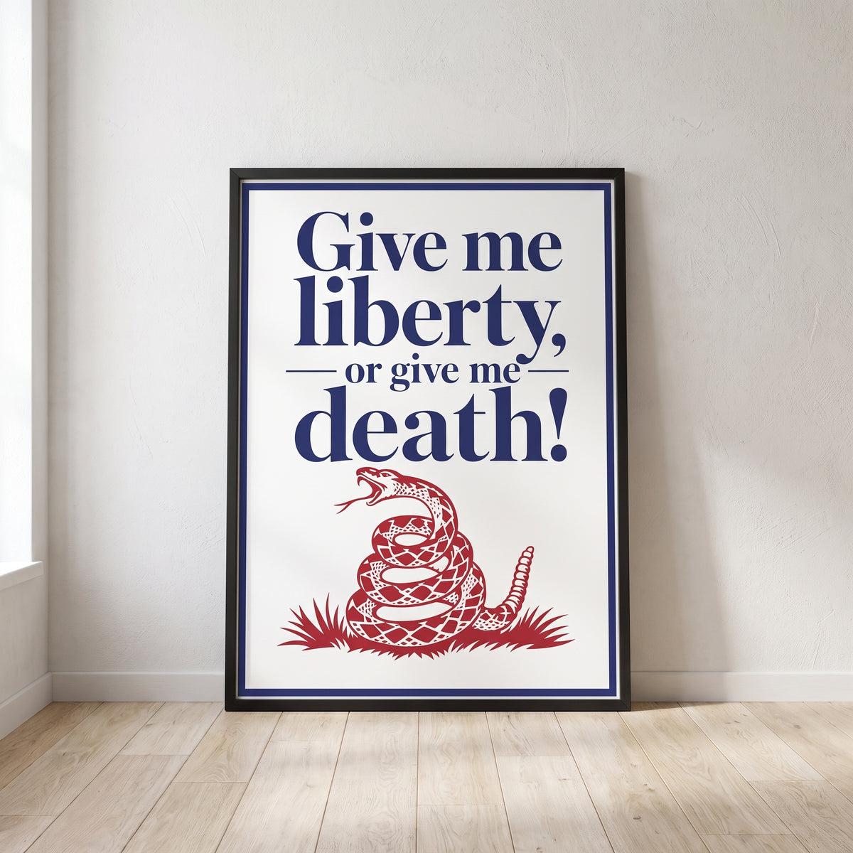 Liberty or Death — The Rattlesnake framed print leaning against a wall