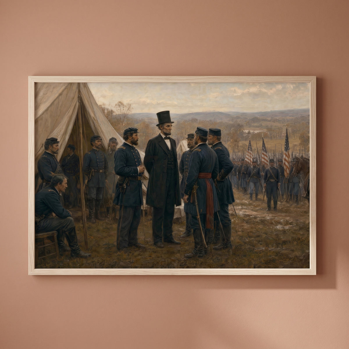 Lincoln Visiting the Troops at Antietam framed print on a plain wall