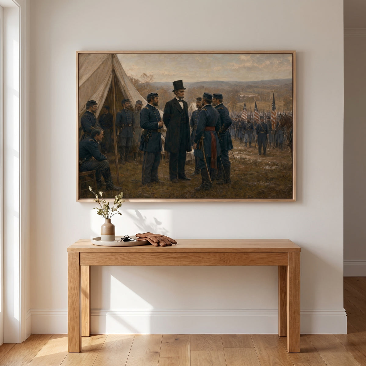 Lincoln Visiting the Troops at Antietam framed print hanging in a home interior
