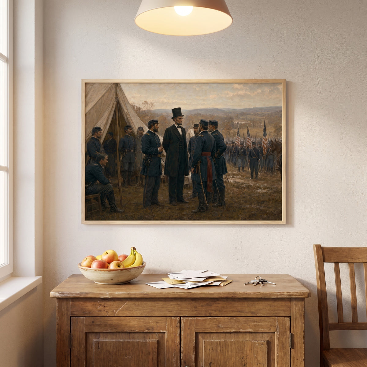 Lincoln Visiting the Troops at Antietam framed print hanging in a home interior