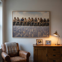 Lunch Atop a Skyscraper framed print hanging in a home interior