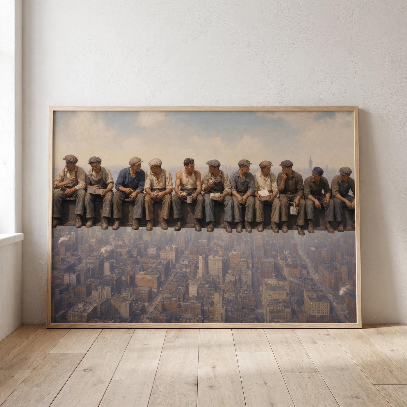 Lunch Atop a Skyscraper framed print leaning against a wall