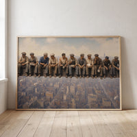 Lunch Atop a Skyscraper framed print leaning against a wall