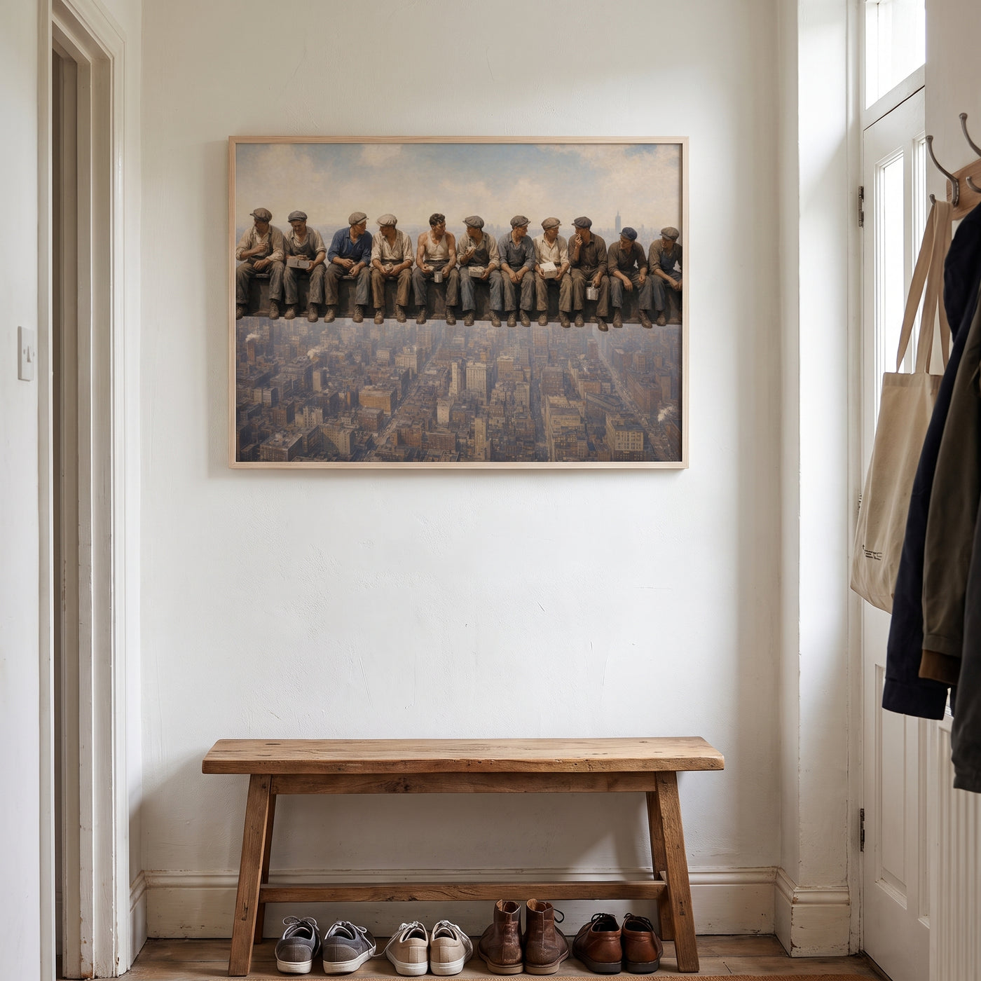 Lunch Atop a Skyscraper framed print hanging in a home interior