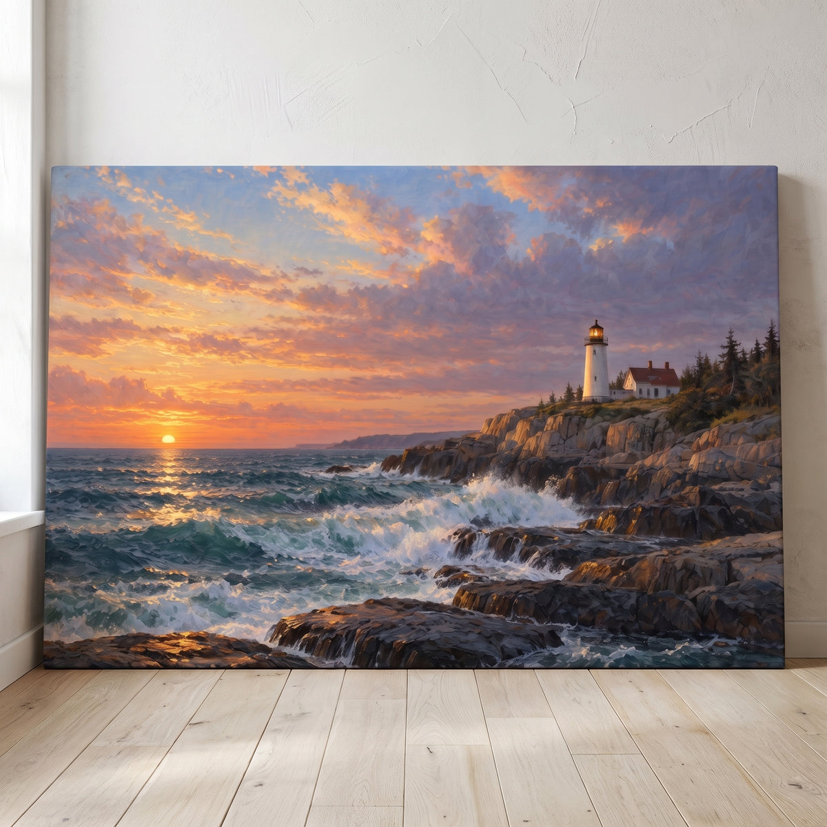 Maine Light at Dawn canvas print leaning against a wall