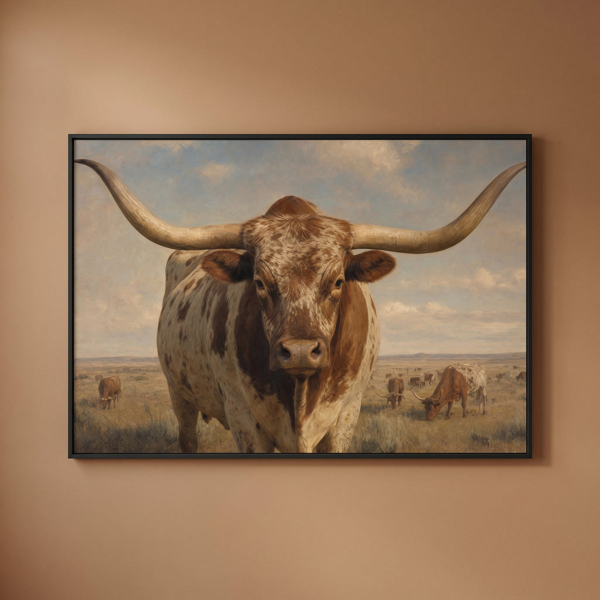 Majestic Texas Longhorn framed print on a plain wall