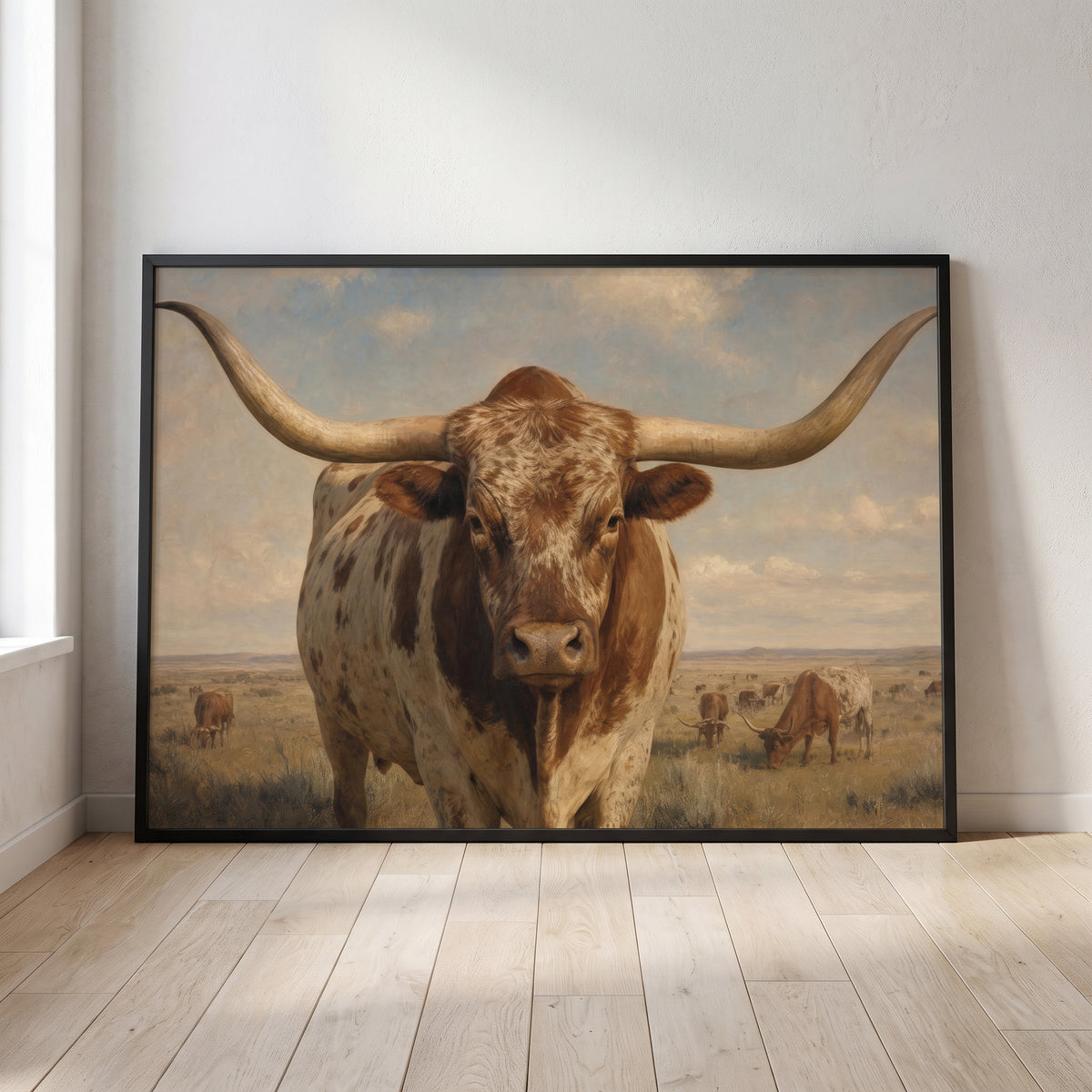 Majestic Texas Longhorn framed print leaning against a wall