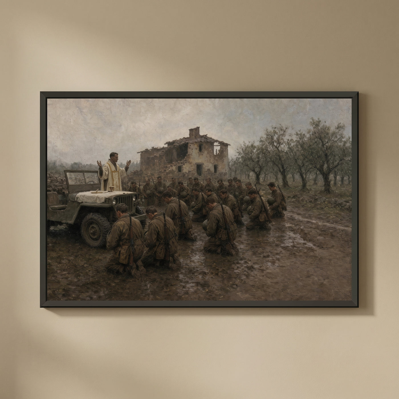 Mass on a Jeep framed print on a plain wall