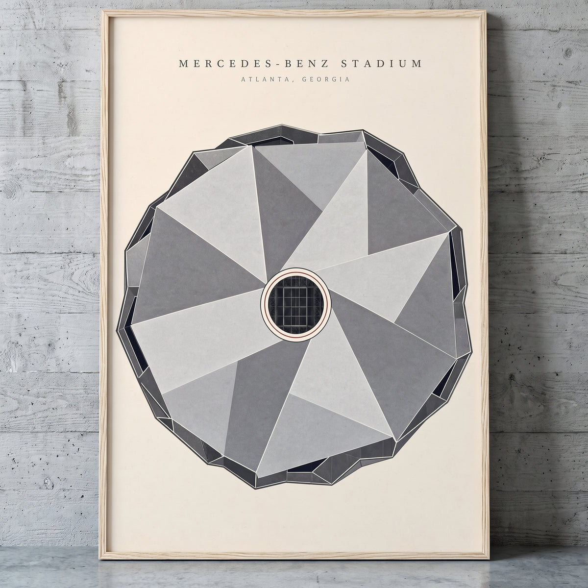 Mercedes-Benz Stadium framed print leaning against a wall