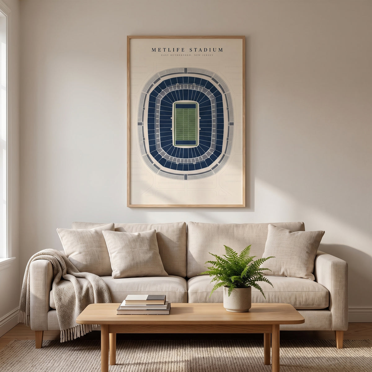 MetLife Stadium framed print hanging in a home interior