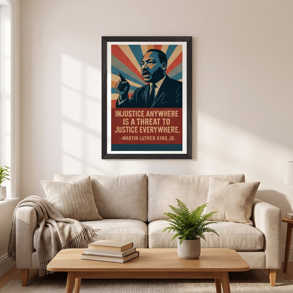 MLK - Injustice Anywhere framed print hanging in a home interior