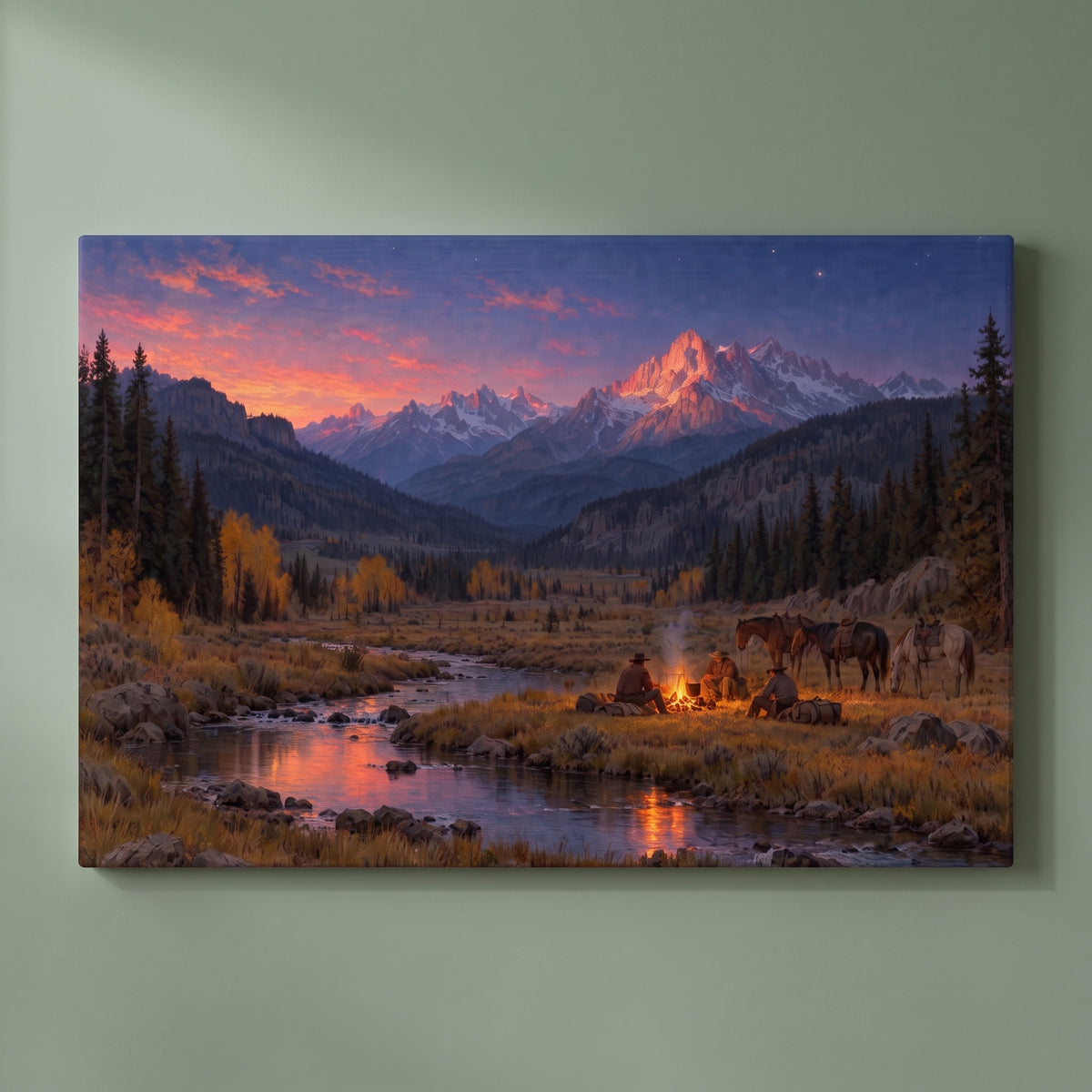 Montana Camp at Nightfall gallery-wrapped canvas print on a plain wall