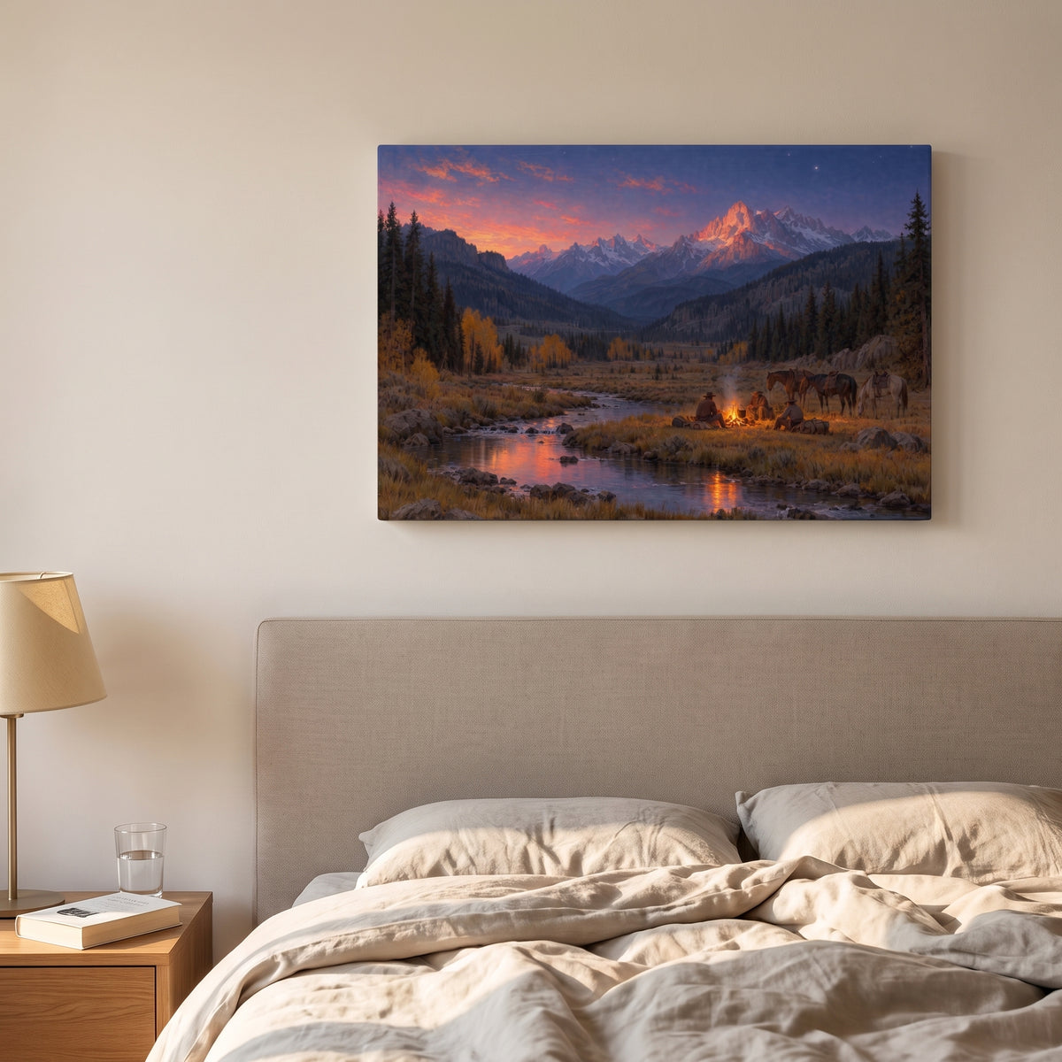 Montana Camp at Nightfall canvas print hanging in a home interior