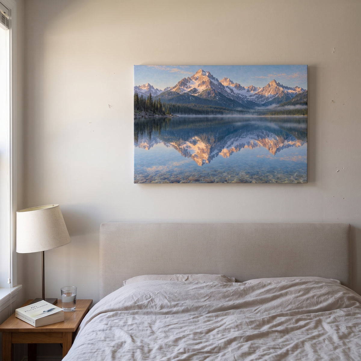 Montana Glacier Lake canvas print hanging in a home interior