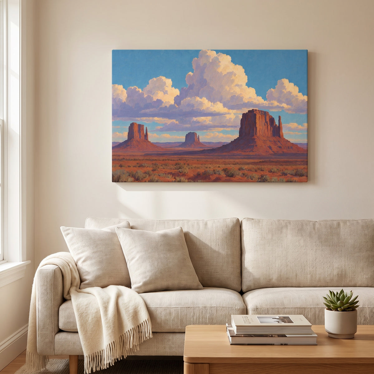 Monument Valley Clouds canvas print hanging in a home interior