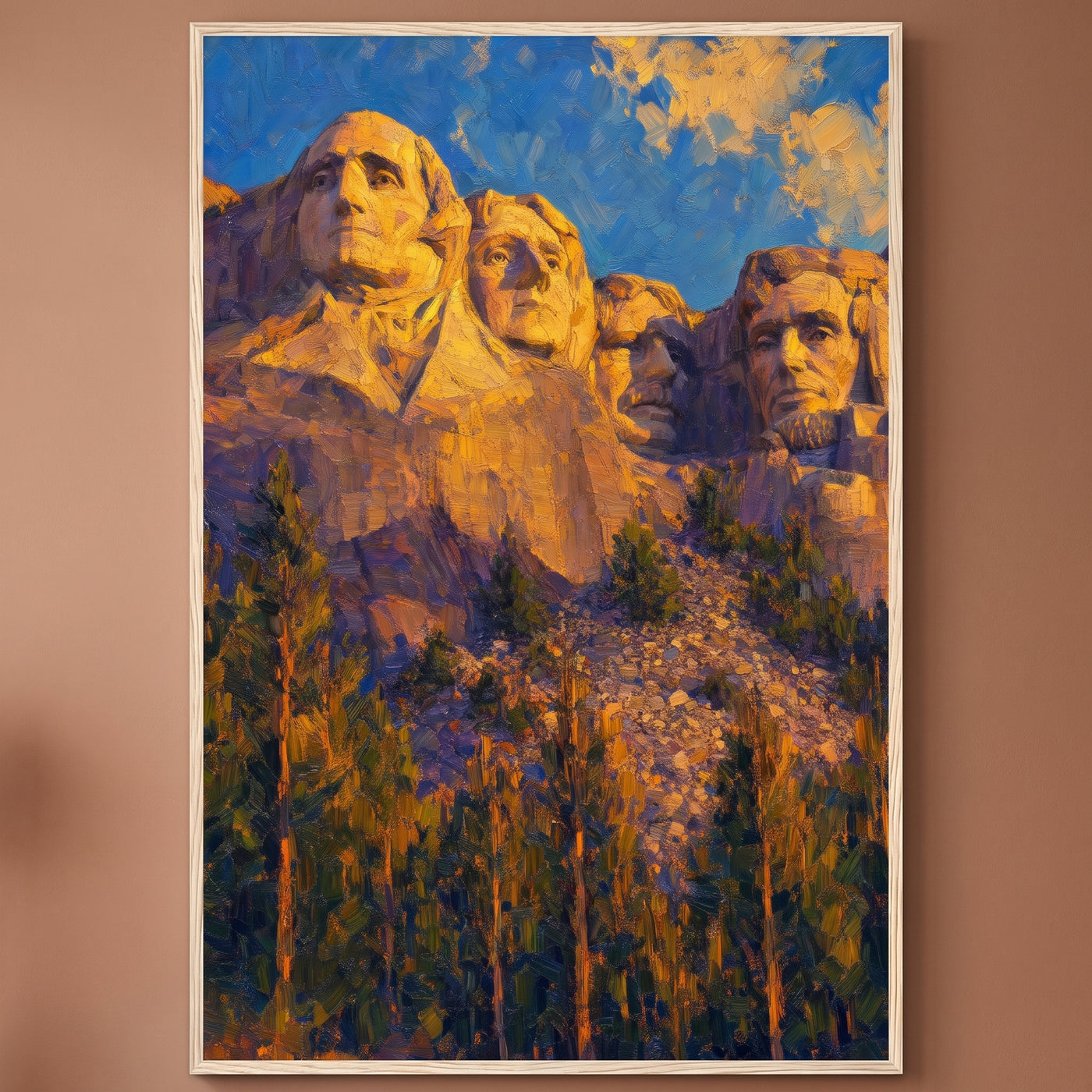 Mount Rushmore framed print on a plain wall