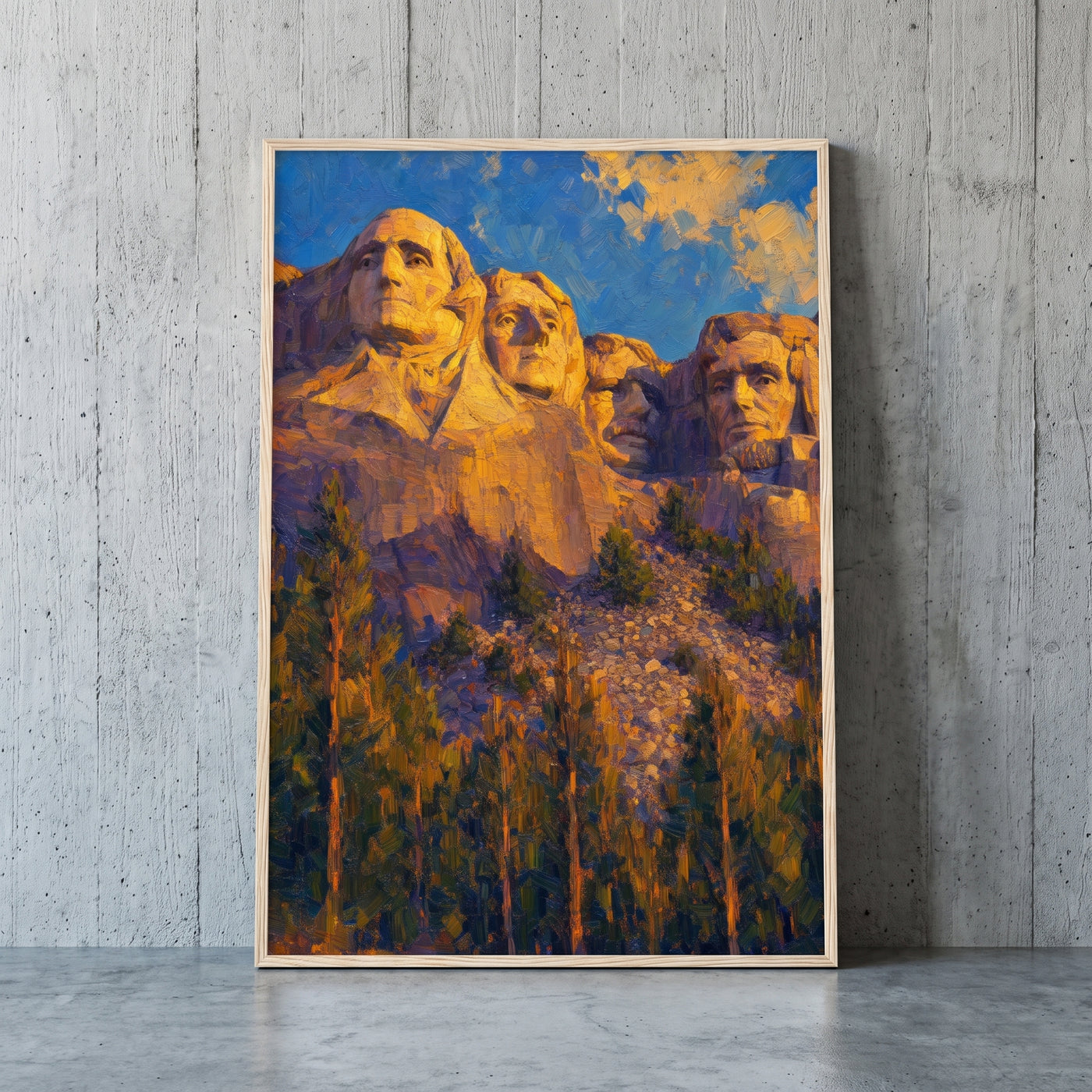 Mount Rushmore framed print leaning against a wall