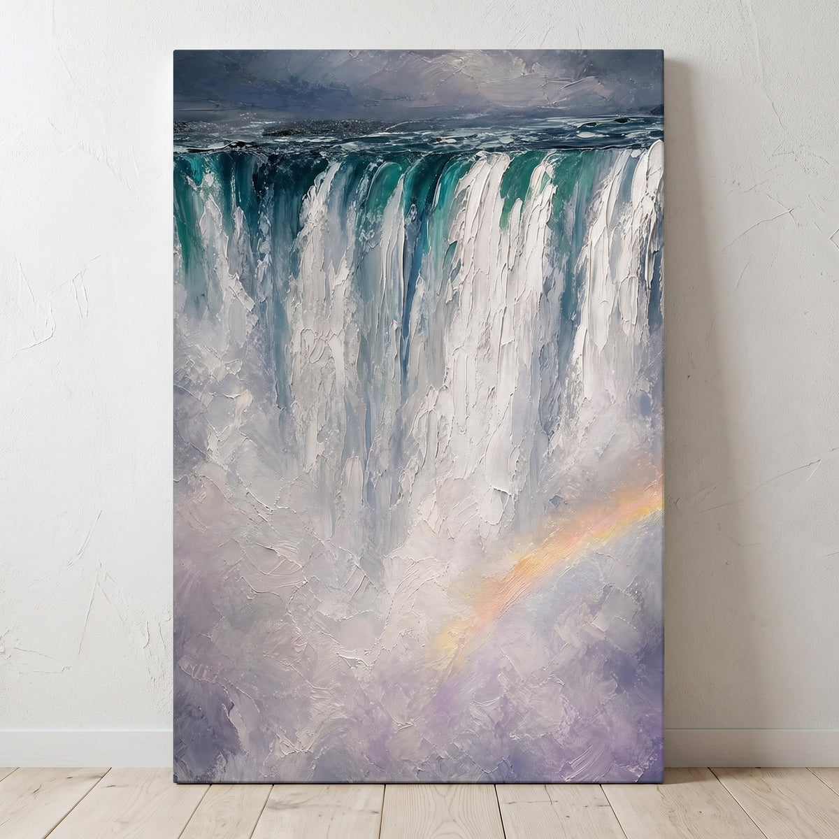 Niagara canvas print leaning against a plaster wall