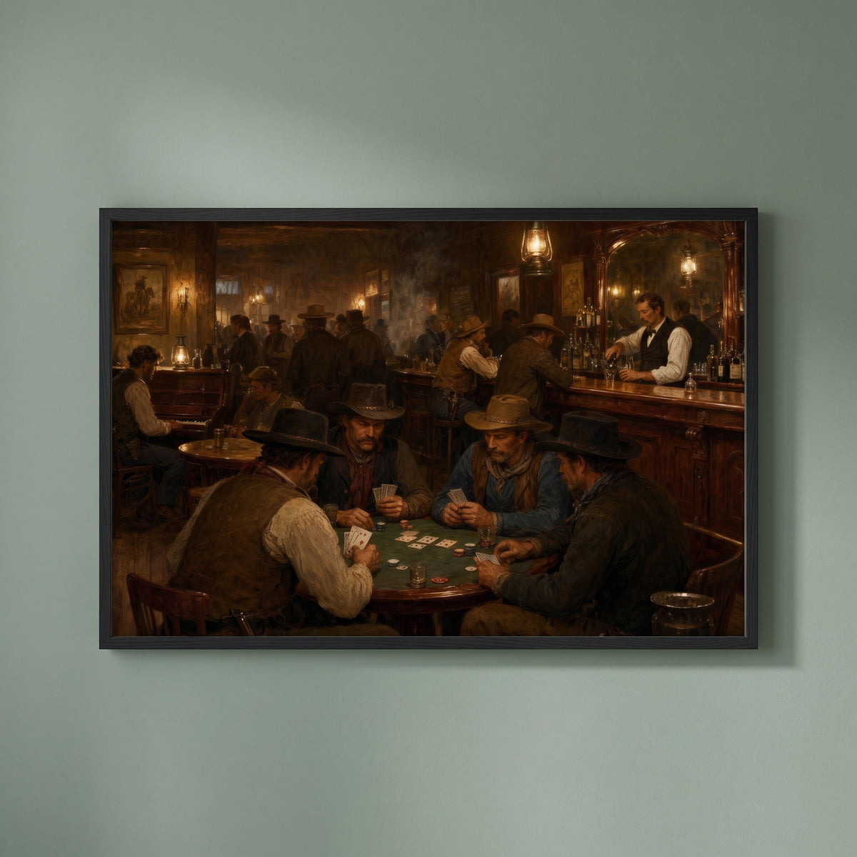 Old West Saloon Poker framed print on a plain wall