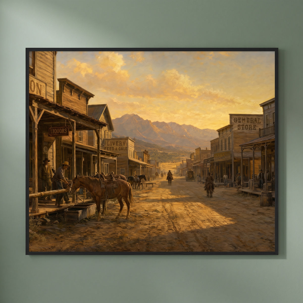 Old West Sunset framed print on a plain wall