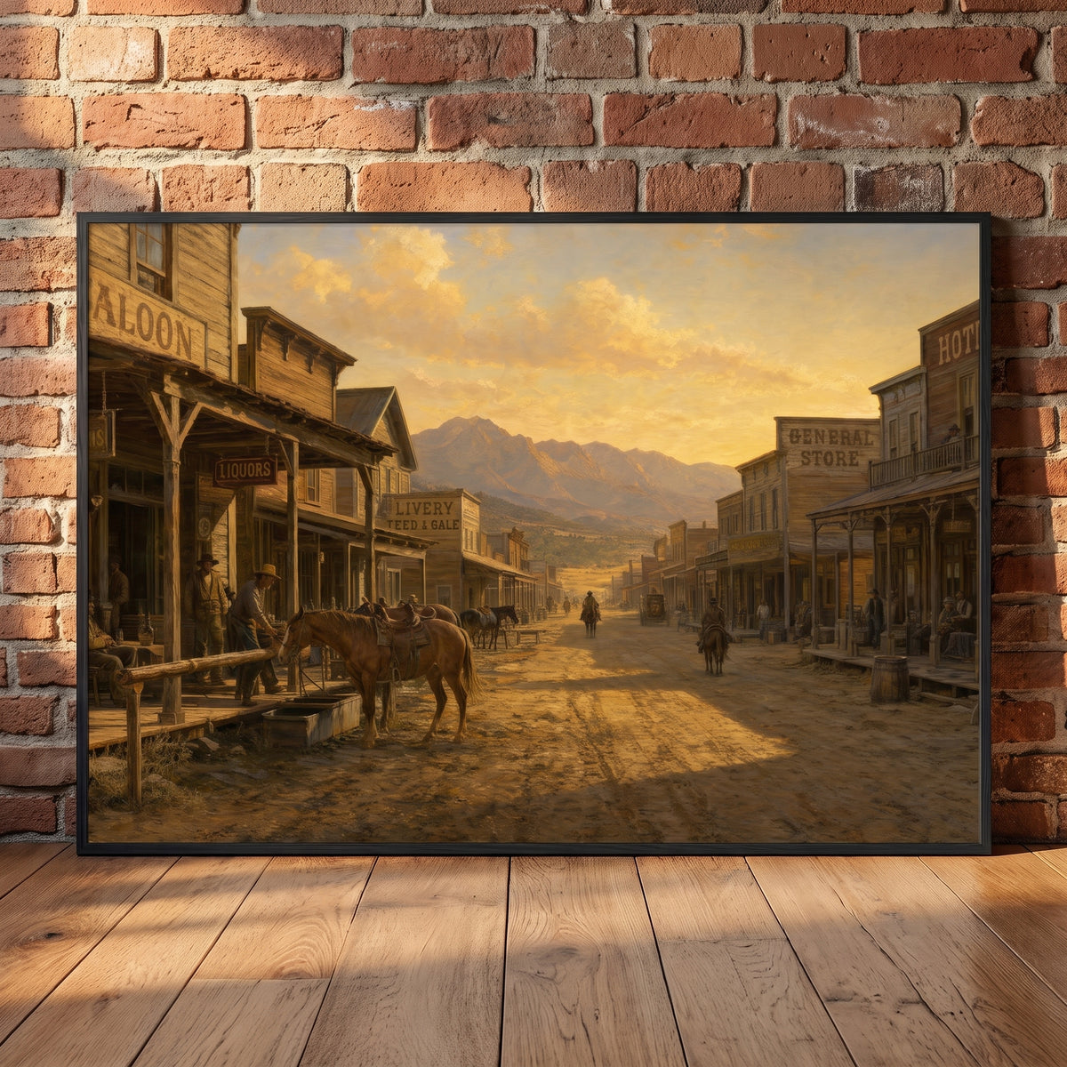 Old West Sunset framed print leaning against a wall