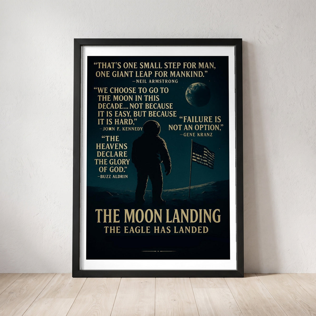 One Giant Leap framed print leaning against a wall