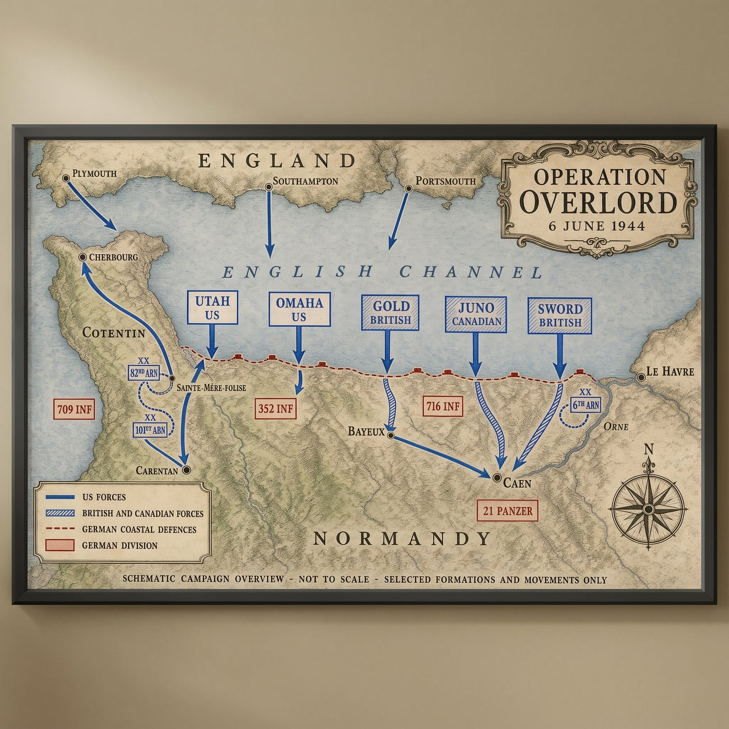Operation Overlord — Map framed print on a plain wall