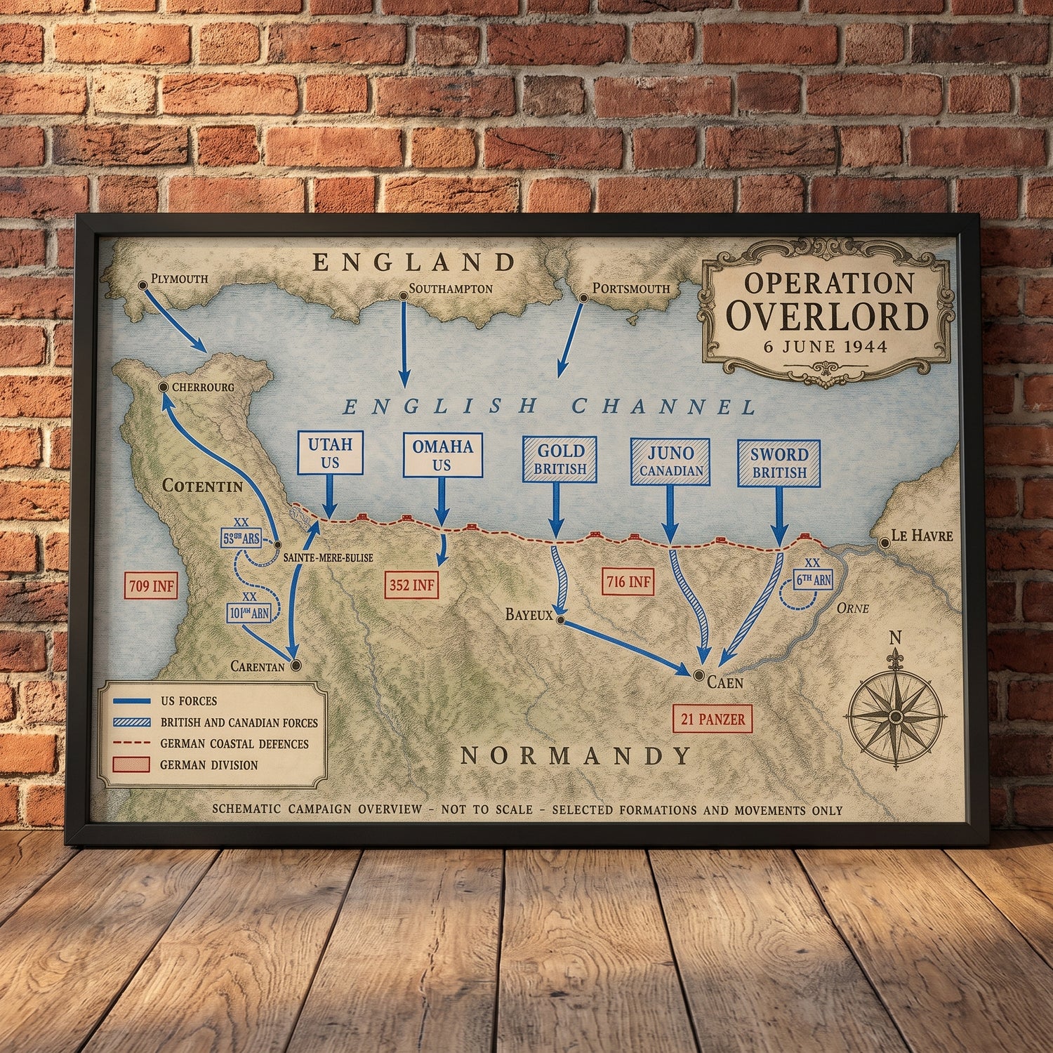 Operation Overlord — Map framed print leaning against a wall