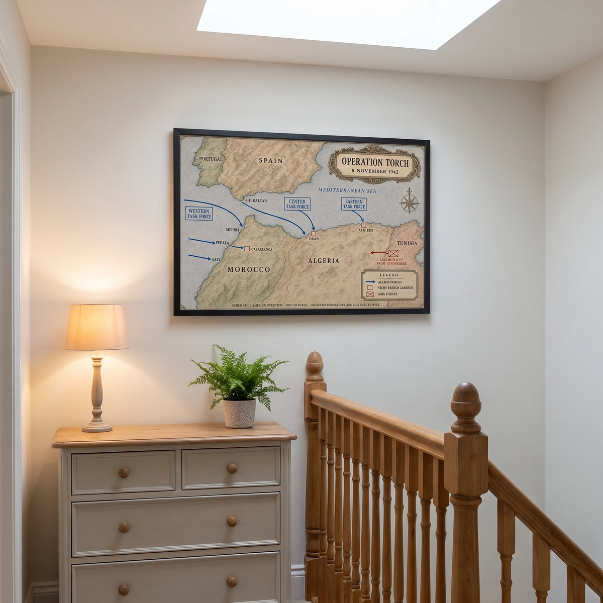 Operation Torch — Map framed print hanging in a home interior