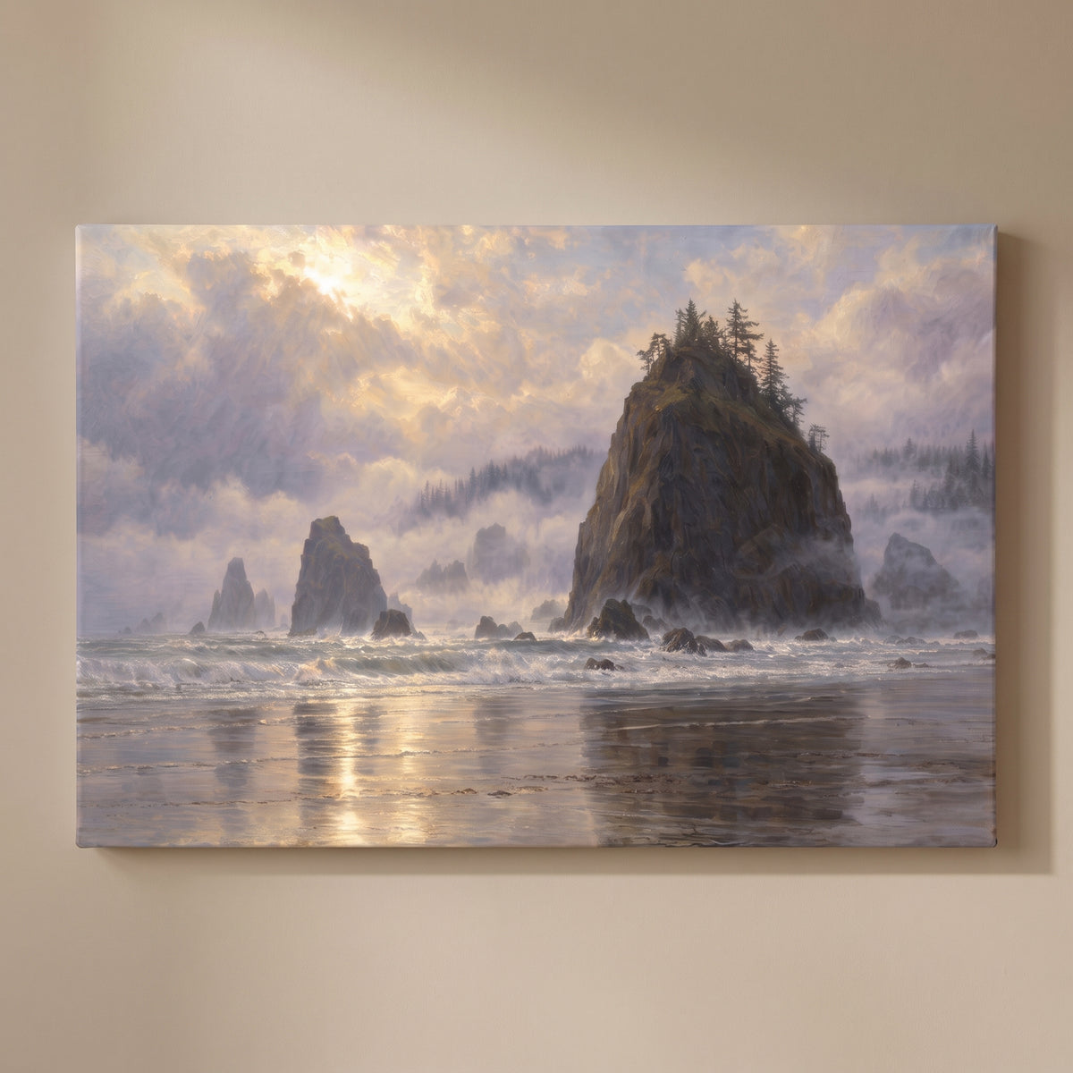 Oregon Sea Stacks in Fog gallery-wrapped canvas print on a plain wall