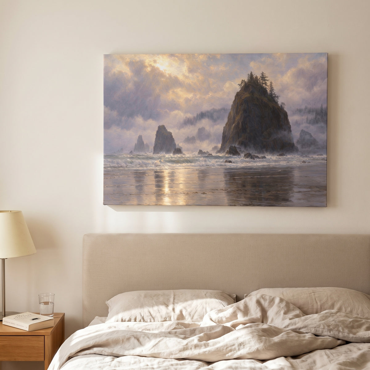 Oregon Sea Stacks in Fog canvas print hanging in a home interior