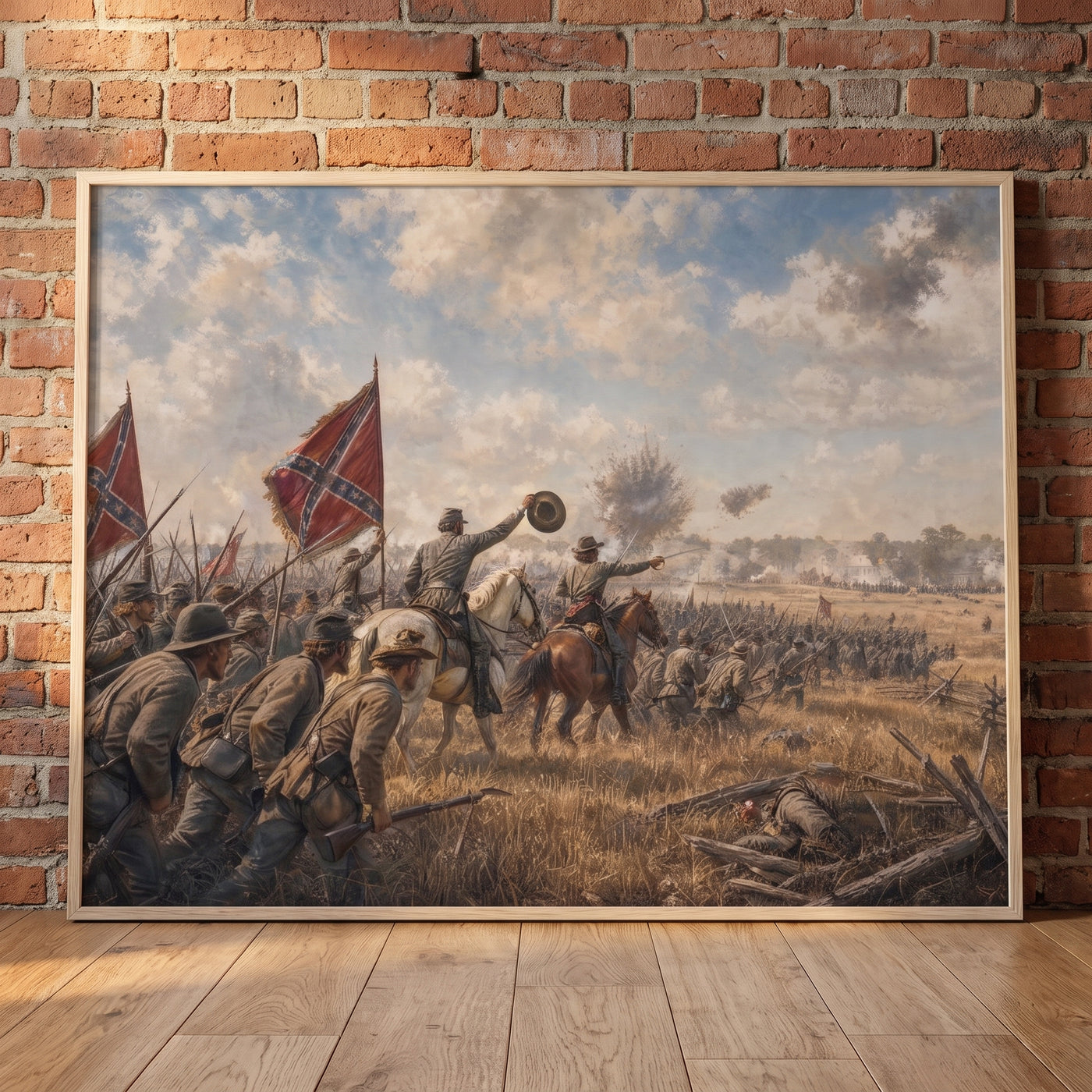 Pickett's Charge at Gettysburg framed print leaning against a wall