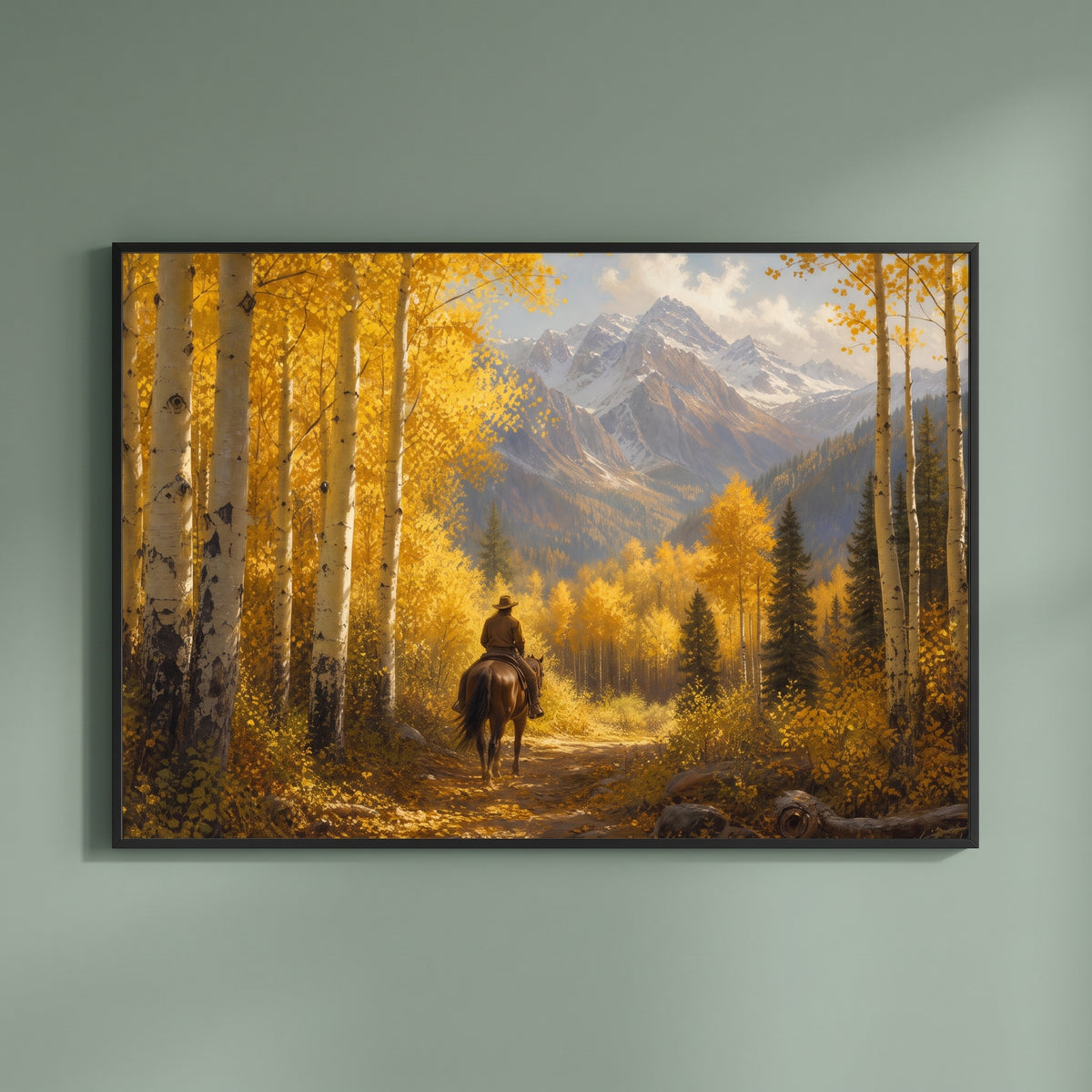 Rider in the Aspens framed print on a plain wall